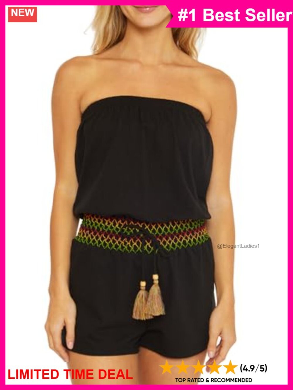 Off Shoulder Smocked Romper Beach Cover Up Tassel Swim Coverup